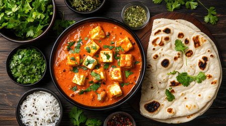A visually appealing paneer dish featuring soft cheese cubes in a rich tomato gravy, served alongside flatbread and fresh herbs, perfect for meals.の素材