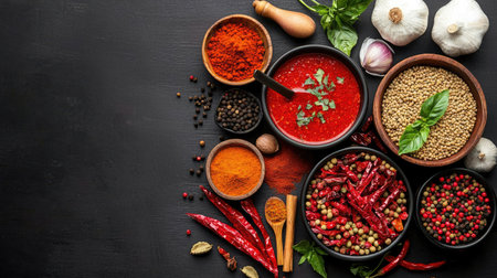 A colorful display of various spices and herbs, featuring red peppers, garlic, and spices arranged on a dark surface, ideal for culinary creativity.の素材