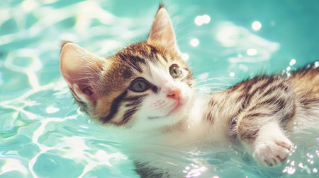 This charming image features a playful kitten splashing in a clear turquoise pool, embodying the joy and innocence of summer. Its curious expression and soft fur capture the essence of pure playfulness.の素材