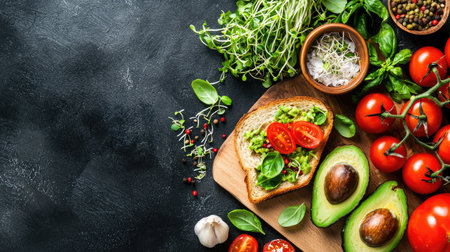 This image showcases an array of fresh vegetables and healthy ingredients arranged on a rustic wooden table. Ideal for meal prep and healthy lifestyle promotion.の素材