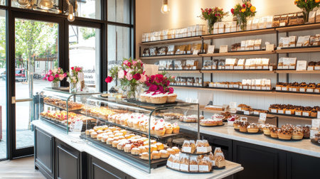 A charming bakery interior showcasing a variety of beautifully arranged pastries and artisan desserts, complemented by fresh floral arrangements and a welcoming ambiance.の素材