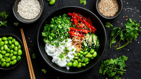 This vibrant Asian noodle salad features fresh vegetables, creamy edamame, and a sprinkle of sesame seeds, perfect for a nutritious meal option.の素材