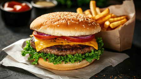 A mouthwatering cheeseburger featuring a juicy beef patty, melted cheese, fresh lettuce, tomato, and onions, accompanied by crispy fries. Ideal for food lovers.の素材