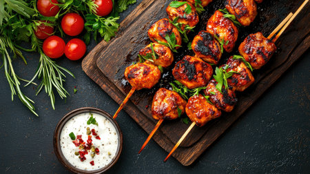 A vibrant display of grilled chicken skewers garnished with fresh herbs, served alongside a creamy dipping sauce and ripe tomatoes on a rustic wooden board.の素材