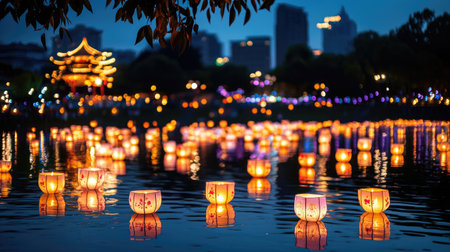 A beautiful evening scene captures floating lanterns dotting the serene waters of a lake at dusk, creating a magical and tranquil atmosphere.の素材