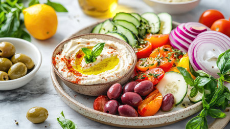 This vibrant Mediterranean platter showcases a variety of fresh vegetables paired with creamy hummus and olives, perfect for healthy snacking or dining.の素材