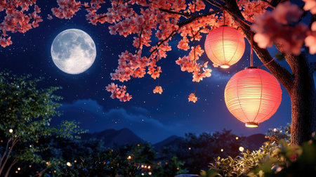 A tranquil night scene featuring a cherry blossom tree adorned with glowing lanterns under a bright full moon, creating a serene atmosphere.の素材
