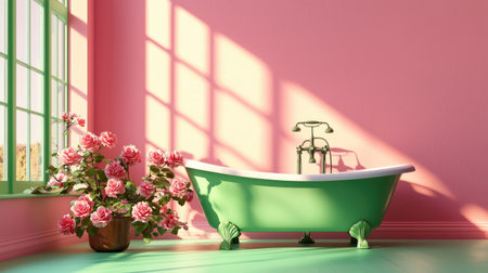 A stunning vintage bathroom featuring a green bathtub against pink walls, adorned with fresh roses, illuminated by soft natural light, creating a serene atmosphere.の素材