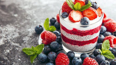 A beautiful fruit and yogurt dessert layered with fresh berries and mint, showcasing vibrant colors and textures perfect for summer treats and healthy indulgence.の素材