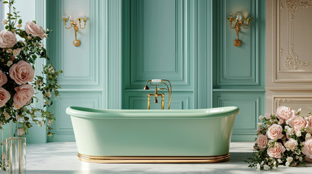 Experience a serene vintage bathroom featuring a mint green bathtub surrounded by beautiful floral arrangements, elegant decor, and soft ambient lighting.の素材
