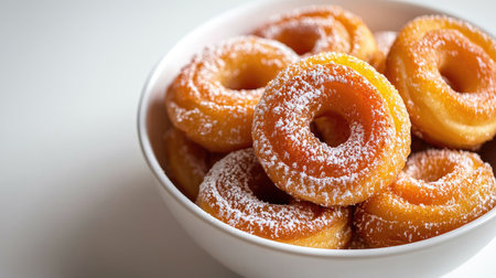 A tempting bowl of freshly made donuts dusted with powdered sugar. Perfect for breakfast, snacks, or any sweet indulgence, these fluffy treats bring joy.の素材