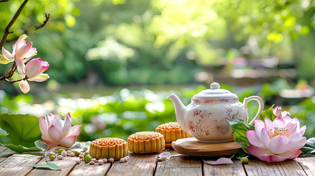Experience the tranquility of a traditional tea ceremony featuring a beautiful porcelain teapot, lotus flowers, and mooncakes in a serene garden setting.の素材