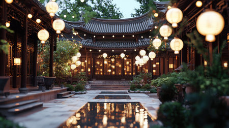 A tranquil courtyard scene at dusk featuring glowing lanterns, reflective water, and lush greenery, capturing the essence of peaceful Asian garden aesthetics.の素材