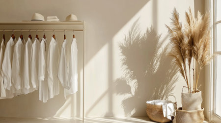 This beautiful minimalist interior showcases white shirts elegantly hung in soft natural light, complemented by decorative pampas grass, creating a serene atmosphere.の素材