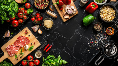 This image showcases a vibrant array of fresh ingredients, including meats, vegetables, and spices, perfectly arranged on a dark marble surface for culinary preparation.の素材