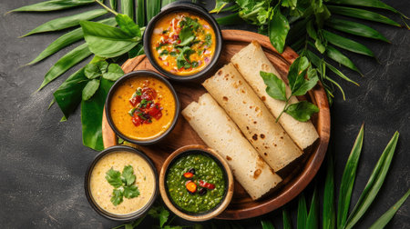 A vibrant display of traditional Indian dishes including colorful curries served in wooden bowls alongside fresh flatbread and green leaves, creating an appetizing feast.の素材