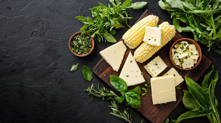 A rustic wooden board displays an assortment of fresh cheese, butter, and corn, beautifully complemented by bright green herbs, ideal for culinary creativity.の素材