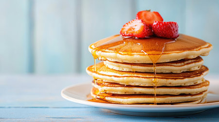 A delightful stack of fluffy pancakes crowned with fresh strawberries and drizzled with golden maple syrup, served on a white plate against a soft blue background.の素材