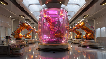 This captivating image showcases a futuristic manufacturing facility with robotic arms and a glowing machinery centerpiece, highlighting advanced automation technology in a vibrant environment.の素材
