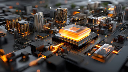 A captivating aerial view of a futuristic cityscape showcasing technology elements with integrated circuits and glowing lights, depicting innovation and energy.の素材