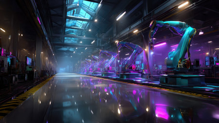 A high-tech manufacturing facility showcasing advanced robotics in an illuminated assembly line setup, emphasizing automation and innovation in industry.の素材
