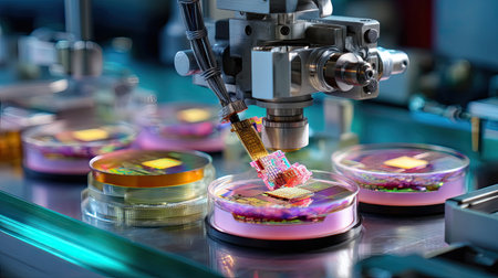 A high-tech robotic arm operates efficiently in a well-equipped laboratory, interacting with petri dishes filled with vibrant samples in a clean environment.の素材