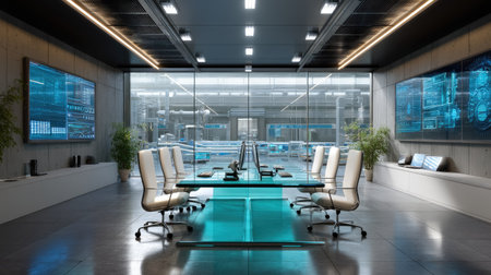 A sleek modern office space featuring high-tech monitors, glass walls, and stylish furniture, designed to enhance collaboration and productivity in business environments.の素材