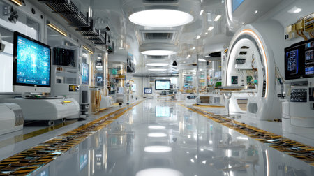 A sleek, futuristic laboratory featuring advanced technology, bright lighting, and cutting-edge equipment, ideal for research and innovation.の素材