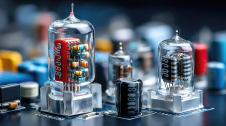 This detailed close-up image captures vintage vacuum tubes alongside modern electronic components on a circuit board, showcasing the intricate technology and craftsmanship.の素材