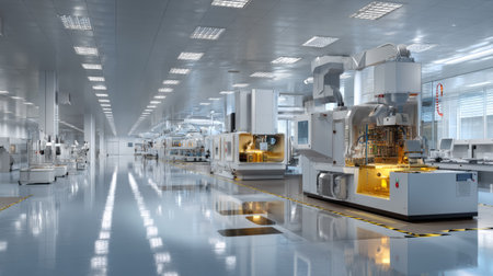This image showcases a state-of-the-art cleanroom laboratory equipped with advanced machinery in a bright, sterile environment. Ideal for high-tech manufacturing and scientific research.の素材