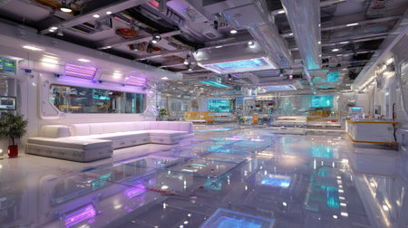 This image showcases a futuristic interior of a high-tech laboratory with sleek design elements, glowing lights, and advanced equipment, perfect for sci-fi concepts.の素材