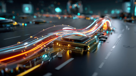 This striking image showcases a futuristic circuit board design with illuminated data streams flowing across a sleek surface, highlighting advanced electronic components in a high-tech setting.の素材