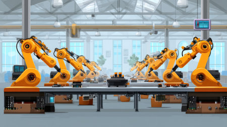 This image showcases a modern factory setting filled with robotic arms working in unison, exemplifying automation and efficiency in manufacturing processes.の素材