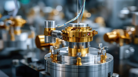 Close-up view of an intricate metal component in a modern manufacturing workshop, highlighting advanced technology and engineering precision.の素材