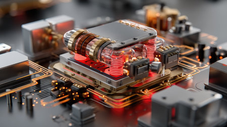 Close-up view of a futuristic circuit board featuring glowing components and intricate designs. Showcases modern technology and innovation in electronics.の素材