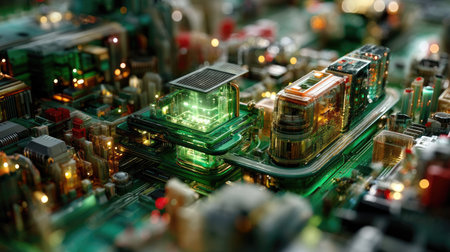 Close-up view of a vibrant circuit board with illuminated microchips and glowing elements, showcasing the intricate details of modern technology.の素材