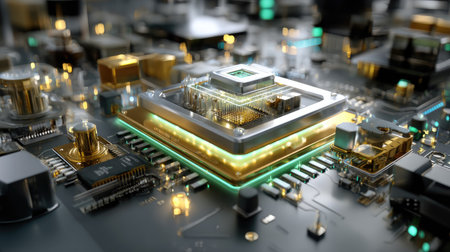 Detailed close-up of a microchip and circuit board showcasing metallic components in a futuristic setting, highlighting technology and innovation.の素材