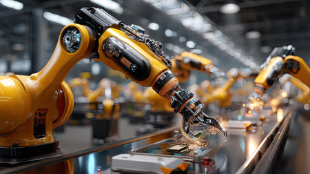 High-tech industrial scene showcasing robotic arms engaged in detailed assembly tasks, highlighting automation and efficiency in modern manufacturing processes.の素材