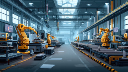 A modern industrial factory featuring advanced robotic systems and automated production lines that enhance efficiency and precision in manufacturing processes.の素材