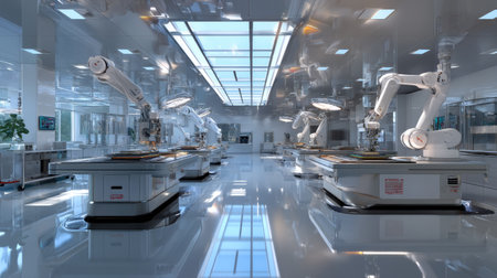 This image showcases a state-of-the-art robotics lab featuring advanced automated machinery in a pristine cleanroom environment, ideal for industrial applications.の素材