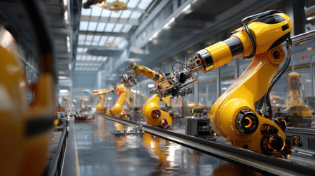 A captivating scene of robotic arms working diligently in a modern manufacturing facility, highlighting automation and advanced technology in industrial processes.の素材
