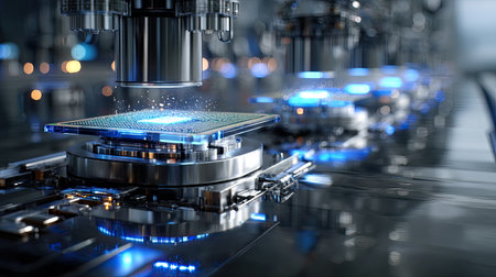 This image showcases advanced semiconductor manufacturing technology featuring precision machinery and a cooling system, highlighting innovation in electronics production.の素材