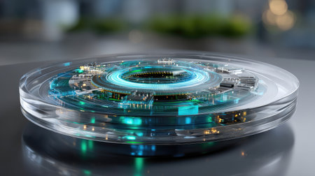 This image features a futuristic technology display on a transparent surface, showcasing glowing elements and intricate circuits, ideal for innovation themes.の素材