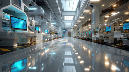 A spacious, state-of-the-art production facility showcasing advanced machinery and multiple computer workstations, reflecting a bright and efficient workspace.の素材