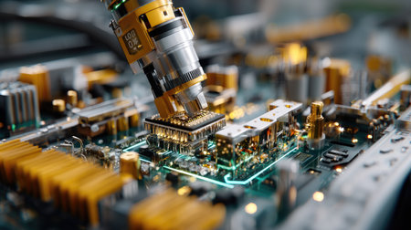 A robotic arm carefully places microchips onto a circuit board in an advanced electronics factory, showcasing precision technology and automation in manufacturing.の素材