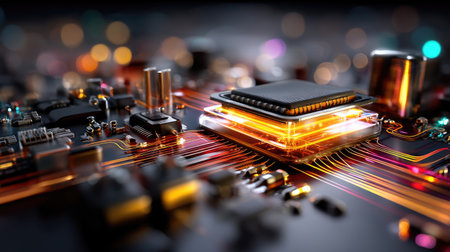 This image showcases a close-up view of an advanced microprocessor on a circuit board, featuring glowing elements and colorful lights, emphasizing cutting-edge technology.の素材