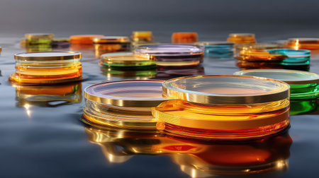 This artistic image showcases colorful petri dishes floating on a calm water surface, reflecting light in a captivating manner, perfect for scientific or creative themes.の素材