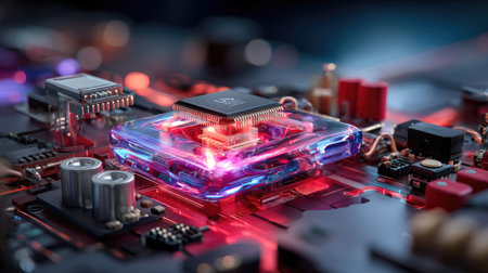 A highly detailed close-up view of a computer chip set on an intricate circuit board, featuring vibrant lighting effects that enhance the technological aesthetic.の素材