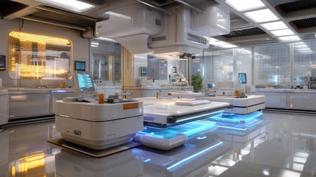 This image depicts a modern laboratory interior featuring advanced technology and bright lighting, ideal for research and medical applications.の素材