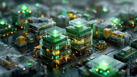 A captivating aerial view of a futuristic cityscape featuring digital architecture illuminated with vibrant green lights. The intricate design showcases modern buildings and innovative lighting, creating a stunning urban environment at night.の素材